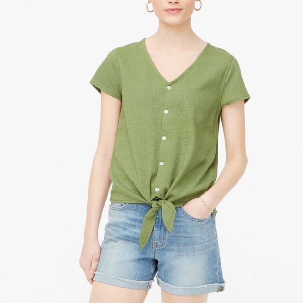 J.Crew Green Tie Front Button Front Top V Neck Casual Size L